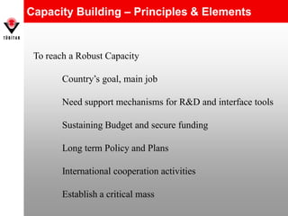 Capacity Building – Principles & Elements
To reach a Robust Capacity
Country’s goal, main job
Need support mechanisms for R&D and interface tools
Sustaining Budget and secure funding
Long term Policy and Plans
International cooperation activities
Establish a critical mass
 