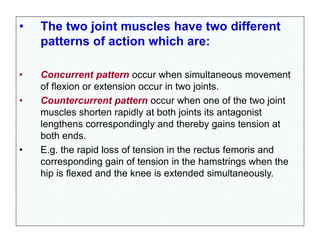 • The two joint muscles have two different
patterns of action which are:
• Concurrent pattern occur when simultaneous movement
of flexion or extension occur in two joints.
• Countercurrent pattern occur when one of the two joint
muscles shorten rapidly at both joints its antagonist
lengthens correspondingly and thereby gains tension at
both ends.
• E.g. the rapid loss of tension in the rectus femoris and
corresponding gain of tension in the hamstrings when the
hip is flexed and the knee is extended simultaneously.
 