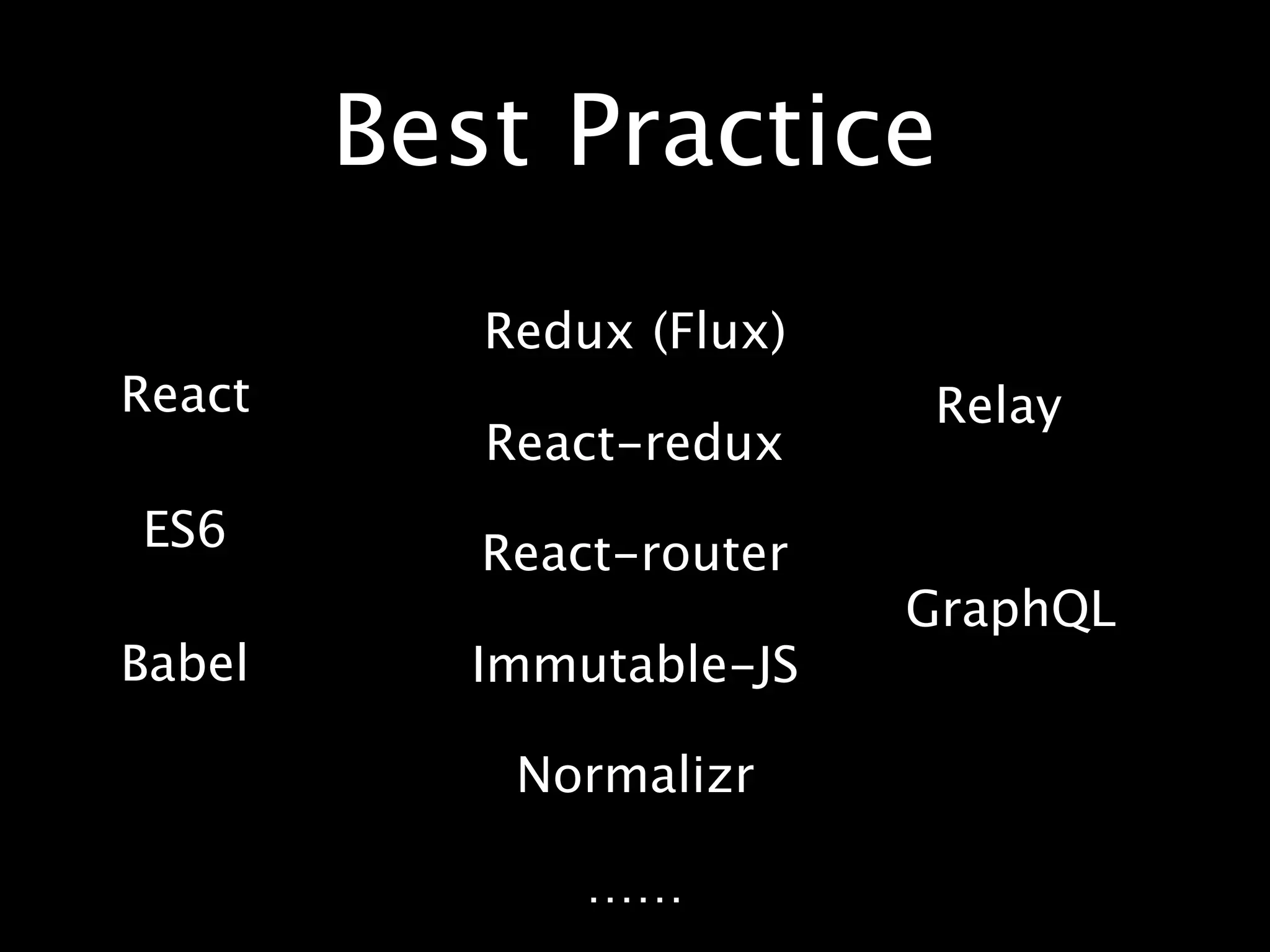 Best Practice
React
ES6
Redux (Flux)
Immutable-JS
React-redux
GraphQL
Relay
Normalizr
Babel
React-router
……
 