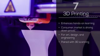 3D Printing 
• Enhances hands-on learning 
• Consumer market is driving 
down prices 
• For art, design, and 
engineering 
• Paired with 3D scanning 
7 
 