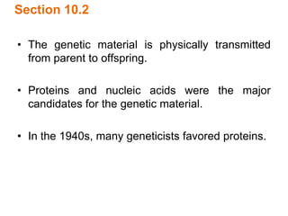 Section 10.2
• The genetic material is physically transmitted
from parent to offspring.
• Proteins and nucleic acids were the major
candidates for the genetic material.
• In the 1940s, many geneticists favored proteins.
 