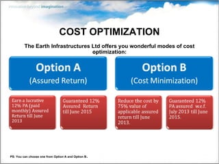 COST OPTIMIZATION The Earth Infrastructures Ltd offers you wonderful modes of cost optimization: PS: You can choose one from Option A and Option B . 