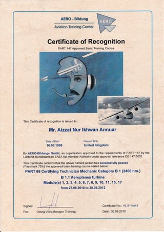 EASA B1.1 CERTIFICATE OF RECOGNITION