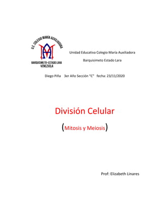 Unidad Educativa Colegio María Auxiliadora
Barquisimeto Estado Lara
Diego Piña 3er Año Sección “C” fecha: 23/11/2020
División Celular
(Mitosis y Meiosis)
Prof: Elizabeth Linares
 