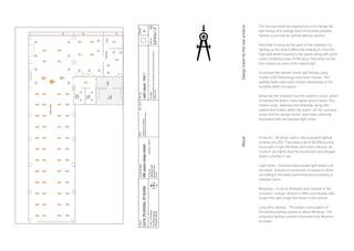 DesignIntentforthenewschemeResult
The first and foremost requirement is to change the
light fittings and arrange them in the best possible
fashion to provide an optimal lighting solution.
	
Secondly to bring out the spirit of the institution by
lighting up the space differently, keeping in mind the
high light levels required in the space along with good
colour rendering index of the lamp, that bring out the
true colours as seen under natural light.
To achieve the desired result, light fittings using
modern LED technology have been chosen. The
lighting levels have been chosen depending on the
activities within the space.
Areas like the reception and the director’s room, which
showcase the brand, have higher accent factor. This
means using darkness and shadows along with
vertical illumination within the space. On the contrary,
areas like the design studio have been uniformly
illuminated with the required light levels.
	
Products – All lamps used in the proposed lighting
scheme are LED. They have a life of 50,000 burning
hours with a high CRI index and lumen efficacy, all
of which are higher than the fluorescent and halogen
lamps currently in use.
	
Light levels – Achieved appropriate light levels in all
the areas, reduced in some and increased in others
according to the tasks performed and according to
building norms.
Branding – A mix of shadows and contrast in the
reception, lounge, director’s office and façade help
project the right image and brand of the school.
Long-term savings –	The power consumption of
the existing lighting system is about 9kw/hour. The
proposed lighting scheme consumes only 3kw/hour
of power.	
Whiteboard
D3D3
D3D3
D1
DD1
DD1
MALE
TOILET
FEMALE
TOILET
LOBBY
LIFT
LOBBY
RECEPTIONSTORE
DESIGNSTUDIO
D1
DD1DD1
T1
DD1
DD1
DD1
DD1DD1
D1D1
D1D1
LD1
LD1
D1D1D1D1D1D1D1D1D1D1D1
D1D1D1D1D1D1D1D1D1D1D1
D2
D2
D2
D2
D2
D2
D2
D2
D2
D2
D2
D2
D2
D2
D2
D2
D2
D2
D2
D2
D2
D2
D1
D1
D2
D2
P1
P2
P1
D1
D1
D1
D1
D1
LD1
DD1DD1DD1DD1
DD1DD1DD1DD1
PROJECT
Mr.MichaelSaywell
PalmerstonNorth,NZ
CLIENT|SITEADDRESS
NOTES
-
A4
LIGHTINGDESIGNER
fifthseasondesignlimited
FILENAME
DWGTITLE
LightLayout-Part1
DWGTAG.
ILD19.0.L1.A
REVISION
AILD19_PNSCHOOLOFDESIGN
E:FS_PROJECTS2014_NZ10_PNSCHOOLOFDESIGN_ILD19ILD19_PNSCHOOLOF
DESIGN_LC.dwg
fourtwosix
featherstonstreet
palmerstonnorth
nz4414
t00.64.21.1442711
alldimensionsareinmillimeters.
dimensionshavetoreadandnotmeasured.
20.11.2014
 