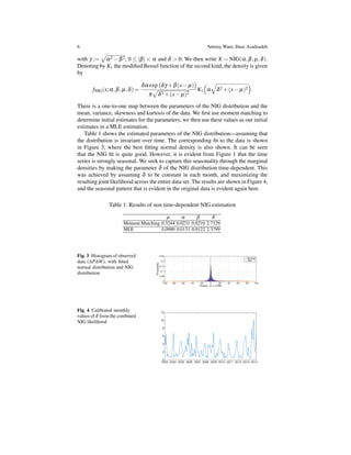 6 Antony Ware, Ilnaz Asadzadeh
with γ :=
√
α2 −β2, 0 ≤ |β| < α and δ > 0. We then write X ∼ NIG(α,β,µ,δ).
Denoting by K1 the modiﬁed Bessel function of the second kind, the density is given
by
fNIG(x;α,β,µ,δ) =
δα exp
(
δγ +β(x− µ)
)
π
√
δ2 +(x− µ)2
K1
(
α
√
δ2 +(x− µ)2
)
.
There is a one-to-one map between the parameters of the NIG distribution and the
mean, variance, skewness and kurtosis of the data. We ﬁrst use moment matching to
determine initial estimates for the parameters; we then use these values as our initial
estimates in a MLE estimation.
Table 1 shows the estimated parameters of the NIG distribution—assuming that
the distribution is invariant over time. The corresponding ﬁt to the data is shown
in Figure 3, where the best ﬁtting normal density is also shown. It can be seen
that the NIG ﬁt is quite good. However, it is evident from Figure 1 that the time
series is strongly seasonal. We seek to capture this seasonality through the marginal
densities by making the parameter δ of the NIG distribution time-dependent. This
was achieved by assuming δ to be constant in each month, and maximizing the
resulting joint likelihood across the entire data set. The results are shown in Figure 4,
and the seasonal pattern that is evident in the original data is evident again here.
Table 1: Results of non time-dependent NIG estimation
µ α β δ
Moment Matching 0.3244 0.0231 0.0210 2.7129
MLE 0.0980 0.0131 0.0122 2.3799
Fig. 3 Histogram of observed
data (∆P∆W), with ﬁtted
normal distribution and NIG
distribution
Fig. 4 Calibrated monthly
values of δ from the combined
NIG likelihood
 
