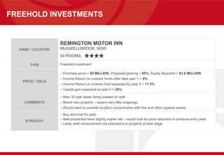 FREEHOLD INVESTMENTS
NAME / LOCATION
REMINGTON MOTOR INN
MUSWELLBROOK, NSW
54 ROOMS
TYPE Freehold investment
PRICE / YIELD
– Purchase price = $8 MILLION, Proposed gearing = 65%, Equity Required = $3.8 MILLION
– Income Return on investor funds after fees year 1 = 9%
– Income Return on investor fund expected by year 5 = 11.5%
– Capital gain expected by year 5 = 20%
COMMENTS
– New 30 year lease being created on split
– Brand new property – expect very little outgoings
– Would need to consider location concentration with this and other pipeline assets
STRATEGY
– Buy and hold for yield
– New properties have slightly higher risk – would look for price reduction to enhance entry yield.
– Likely yield enhancement via extensions to property at later stage
 