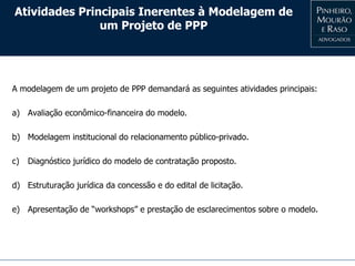 Atividades Principais Inerentes à Modelagem de
um Projeto de PPP
A modelagem de um projeto de PPP demandará as seguintes atividades principais:
a) Avaliação econômico-financeira do modelo.
b) Modelagem institucional do relacionamento público-privado.
c) Diagnóstico jurídico do modelo de contratação proposto.
d) Estruturação jurídica da concessão e do edital de licitação.
e) Apresentação de “workshops” e prestação de esclarecimentos sobre o modelo.
 