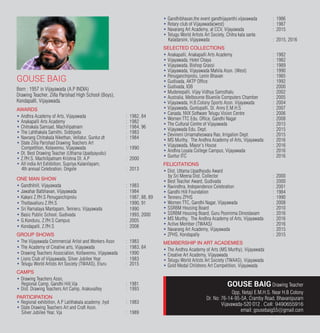 GOUSE BAIG
Born : 1957 in Vijayawada (A.P INDIA)
Drawing Teacher, Zilla Parishad High School (Boys),
Kondapalli, Vijayawada.
AWARDS
• Andhra Academy of Arts, Vijayawada	 : 	1982, 84
• Anakapalli Arts Academy	 : 	1982
• Chitrakala Samsad, Machilipatnam	 : 	1984, 96
• The Lahthakala Samithi, Siddipeta	 : 	1983
• Navrang Chitrakala Nikethan, Vellatur, Guntur.dt	 : 	1984
• State Zilla Parishad Drawing Teachers Art
Competition, Kolavennu, Vijayawada	 : 	1990
• Dt. Best Drawing Teacher (Uthama Upadyayudu)
• Z.P.H.S. Machilipatnam Krishna Dt. A.P	 :	 2000
• All india Art Exhibition, Supriya Kalanilayam,
4th annual Celebration, Ongole	 :	 2013
ONE MAN SHOW
• Gandhihill, Vijayawada	 : 	1983
• Jawahar Balbhavan, Vijayawada	 : 	1984
• Kakani Z.P.H.S Penuganchiprolu	 : 	1987, 88, 89
• Thotlavalluru Z.P.H.S	 : 	1990, 91
• Sri Ramalaya Mantapam, Tenneru, Vijayawada	 : 	1990
• Basic Public School, Gudivada	 : 	1993, 2000
• G.Konduru, Z.P.H.S Campus	 :	2005
• Kondapalli, Z.P.H.S	 :	2008
GROUP SHOWS
• The Vijayawada Commercial Artist and Workers Assn	 :	 1983
• The Academy of Creative arts, Vijayawada	 :	 1983, 84
• Drawing Teachers Association, Kollavennu, Vijayawada	 :	 1990
• Lions Club of Vijayawada, Silver Jubilee Year	 :	 1983
• Telugu World Artists Art Society (TWAAS), Eluru	 :	 2015
CAMPS
• Drawing Teachers Assn,
Regional Camp, Gandhi Hill,Vja	 :	 1981
• Dist. Drawing Teachers Art Camp, Arakuvalley	 :	 1993
PARTICIPATION
• Regional exhibition, A.P Lalithakala academy ,hyd	 :	 1983
• State Drawing Teachers Art and Craft Assn.
Silver Jubilee Year, Vja	 :	 1989
• Gandhibhavan,the event gandhijayanthi.vijavawada	 :	 1986
• Rotary club of Vijayawada(west)	 :	 1987
• Navarang Art Academy, at CCV, Vijayawada	 :	 2015
• Telugu World Artists Art Society, Chitra kala santa
Kaladarsini, Vijayawada	 :	 2015, 2016
SELECTED COLLECTIONS
• Anakapalli, Anakapalli Arts Academy	 :	 1982
• Vijayawada, Hotel Chaya	 :	 1982
• Vijayawada, Bishop Grassi	 :	 1989
• Vijayawada, Vijayawada Mahila Assn. (West)	 :	 1990
• Penuganchiprolu, Lenin Bhavan	 :	 1985
• Gudivada, AKTP Office	 :	 1992
• Gudivada, IOB	 :	 2000
• Mudenepalli, Vijay Vidhya Samsthalu	 :	 2002
• Australia, Melbourne Bluenile Computers Chamber	 :	 2005
• Vijayawada, H.B.Colony Sports Assn. Vijayawada	 :	 2004
• Vijayawada, Guntupalli, St. Anns E.M.H.S	 :	 2007
• Canada, NVX Software Telugu Vision Centre	 :	 2006
• Women TTC Edu. Office, Gandhi Nagar	 :	 2008
• The Cultural Centre of Vijayawada	 :	 2015
• Vijayawada Edu. Dept.	 :	 2015
• Devineni Umamaheswara Rao, Irrigation Dept.	 :	 2015
• MS Murthy, The Andhra Academy of Arts, Vijayawada	 :	 2016
• Vijayawada, Mayor’s House 	 :	 2016
• Andhra Loyala College Campus, Vijayawada	 :	 2016
• Guntur ITC	 :	 2016
FELICITATIONS
• Dist. Uttama Upadhyudu Award
by Sri Meena Dist. Collector	 :	 2000
• Best Teacher Award, Gudivada	 :	 2000
• Ravindhra, Independence Celebration	 :	 2001
• Gandhi Hill Foundation	 :	 1984
• Tenneru ZPHS	 :	 1990
• Women TTC, Gandhi Nagar, Vijayawada	 :	 2008
• SSRBM Housing Board	 :	 2010
• SSRBM Housing Board, Guru Poornima Dinostavam	 :	 2016
• MS Murthy, The Andhra Academy of Arts, Vijayawada	 :	 2016
• Active Member (TWAAS)	 :	 2016
• Navarang Art Academy, Vijayawada	 :	 2015
• ZPHS, Kondapally	 :	 2015
MEMBERSHIP IN ART ACADEMIES
• The Andhra Academy of Arts (MS Murthy), Vijayawada
• Creative Art Academy, Vijayawada
• Telugu World Artists Art Society (TWAAS), Vijayawada
• Gold Medal Childrens Art Competition, Vijayawada
GOUSE BAIG Drawing Teacher
Opp, Netaji E.M.H.S. Near H.B Colony
Dr. No: 76-14-95-5A, Cramby Road, Bhavanipuram
Vijavawada-520 012 . Cell: 9490655916
email: gousebaig55@gmail.com
 