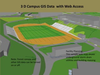 3 D Campus GIS Data with Web Access
Facility Planning:
This sample web map shows
underground storm drain
utilities and building massingNote: Forest canopy and
other GIS data can be turned
on or off.
 