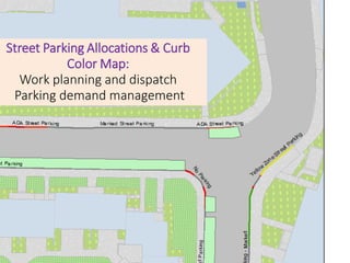 Street Parking Allocations & Curb
Color Map:
Work planning and dispatch
Parking demand management
 