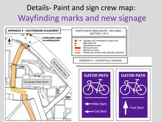 Details- Paint and sign crew map:
Wayfinding marks and new signage
 