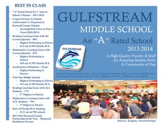 GULFSTREAM
MIDDLE SCHOOL
An “A” Rated School
2013-2014
A High Quality Faculty & Staff
An Amazing Student Body
A Community of One
Leadership Requires A Big Vision. Success Requires A Relentless Effort by an Army of People who
are Dedicated Towards One Common Goal – Excellence! We Are…Gulfstream! Go Dolphins!
BEST IN CLASS
• “A” Rated School for 1st
time in
School’s History – 2013-2014
• Largest Increase in Student
Achievement (+134 points) in
Broward County Schools
o Accomplished Twice in Past 4
Years (2010-2011)
• Reading Learning Gains with the
Lowest Quartile – 90%
o Highest Performing in District
o #12 out of 592 Florida M.S.
• Mathematics Learning Gains with
Lowest Quartile – 83%
o Highest Performing in
District
o #39 out of 592 Florida M.S.
• Acceleration of Students – 94 pts.
o Highest Performing in
District
• Title One Middle Schools
o Highest Performing in District
o #11 out of 285 Florida M.S.
• Reading Learning Gains with ALL
Students – 77%
o 2nd
Highest in District
• Mathematics Learning Gains with
ALL Students – 79%
o 3rd
Highest in District
• State of Florida M.S. Ranking
o #111 out of 592 schools
• 2013-2014 Broward County
Partnership of the Year – Memorial
Healthcare Systems Brian G. Kingsley, Proud Principal
 