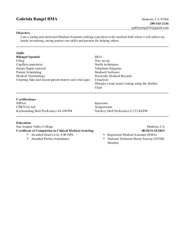 gabriela rangel medical assistant resume gabriela rangel rma modesto ca 95368 209 543 2136 gabbyrangel24gmail