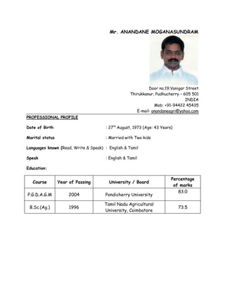Mr. ANANDANE MOGANASUNDRAM
Door no;19;Vanigar Street
Thirukkanur, Pudhucherry – 605 501
INDIA
Mob: +91-94422 45435
E-mail: anandaneagri@yahoo.com
PROFESSIONAL PROFILE
Date of Birth : 27th
August, 1973 (Age: 43 Years)
Marital status : Married with Two kids
Languages known (Read, Write & Speak) : English & Tamil
Speak : English & Tamil
Education:
Course Year of Passing University / Board
Percentage
of marks
P.G.D.A.G.M 2004 Pondicherry University
83.0
B.Sc.(Ag.) 1996
Tamil Nadu Agricultural
University, Coimbatore
73.5
 