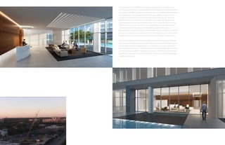 The gentle form of the Apartment tower provides a radius of views to the
nearby city and country. Entering each unit, the larger view windows at the
perimeter are readily apparent as the walls splay to meet the ellipse geometry
at the balconies. The sophisticated finishes and materials match the high-
end accommodations of the recreation deck above the garage. This roof
top terrace has not only a pool, but a soaking tub, dog walk, outdoor bar,
and numerous seating groups between the trees to allow private meetings
from either tower and a life style of ease and elegance. A 35’high parapet
of stretched fabric that catches the sunlight throughout the day and is
illuminated as a signature of the project at night tops the building. Additional
housing is laminated into the lower level of the garage that faces the existing
neighborhood, so that the shared street is common to only residential use.
The office building, while providing state of the art efficiency and flexibility
for all types of tenants, is also unique in the expression of its architecture and
curtain wall. Artfully extending the enclosure wall up to cover the rooftop
penthouse also becomes a natural focal point for the backlighting of sunlight
during the day and specific illumination at night. This mimics the top of the
apartment tower and can provide a tasteful way of accommodating building
signage if necessary.
 