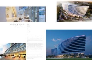 Grand Hyatt Incheon
I n c h e o n , K o r e a
The Grand Hyatt Incheon serves as a premier
venue for international conferences and
business meetings in Northeast Asia. The hotel’s
785,000-square-foot expansion doubles the size
of the existing hotel in order to meet the city’s
growing demands as a major business and leisure
hub.
Inspired by the hotel’s location – situated directly
between the Incheon Airport and the Pacific Ocean
– the design concept draws from the dynamic
motion of wind and water. Capturing the essence
of fluid motion in form, the reciprocal massing of
the hotel also serves to reinforce the symbol of
Korean Air, which is based on the concept of yin
and yang.
The interior design emulates calmness and fluidity
through the use of organic forms, empty space
and a carefully edited materials palette. Korea’s first
LEED® Gold-certified hotel, the new Grand Hyatt
Incheon provides an unparalleled guest experience
unique to the region.
Client:
Korean Air
Function:
Hospitality
Status:
Completed
Building Size:
785,000 sf
 