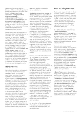 7The Global Risks Report 2016
Global risks that remain serious
because of their combined impact and
likelihood involve some economic risks,
including fiscal crises in key
economies and high structural
unemployment and
underemployment. These are
complemented by cyberattacks and
profound social instability. Their
assessment reflects the potentially
profound impact of the Fourth Industrial
Revolution on the economy and society
and emphasizes the need for
safeguarding future benefits.
Respondents were also asked which
risks were related and could give rise to
cascading risks. Three emerged
strongly: the potential for climate
change to exacerbate water crises,
with impacts including conflicts and
more forced migration, calling for
improved water governance to adapt to
climate change and accommodate a
growing population and economic
development; the need to address the
global refugee crisis, adding
emphasis to policies that can build
resilience in addition to responding to
the immediate crisis; and the risks of
failing to fully understand the risks
around the Fourth Industrial Revolution
and how this transition will impact
countries, economies and people at a
time of persistently sluggish growth.
Risks in Focus
Key to building resilience is the stability
of societies. The first Risk in Focus
therefore looks at the complex
dynamics of societies in the age of
digitization and discusses the
phenomenon of the (dis)empowered
citizen, which is a result of the interplay
of varying dynamics: as technology
empowers citizens to find information,
connect with others and organize,
those citizens feel disenfranchised by
distant elites. It explores the risk of
social instability if both governments
and business embark on either
repressive actions or non-action out of
uncertainty about how to deal with a
more informed, connected and
demanding citizenry, which could lead
to an escalating downward spiral of
broken trust and harsher response on
either side. The chapter also, however,
explores the benefits governments and
business stand to gain by proactively
looking for ways to engage with
concerned citizens.
Food security risk in the context of
climate change is the second Risk in
Focus. Building upon the climate-water
nexus discussed in Part 1, the chapter
looks at how changing climate and
weather patterns could jeopardize food
security and agricultural production
across geographies. The most climate-
vulnerable countries often heavily
depend on agricultural productivity to
sustain economic growth and
development. But the recent years
have also shown the climate
vulnerability of G-20 countries such as
India, Russia and the United States
– the breadbasket of the world – and
other large industrial producers of
agricultural commodities. The chapter
discusses how climate change–resilient
crops and supply chain networks, as
well as financing and insurance
schemes, can help mitigate the social,
economic and environmental aspects
of food security risks related to climate
change.
Drawing lessons from the Ebola crisis,
the third Risk in Focus discusses
global disease outbreaks. It warns
that population growth, rapid
urbanization and increasing
transnational flows of commodities,
people and animals intensify the risk of
infectious transmission across
geographies while equally diminishing
the ability to respond – all at a time of
growing resistance of microorganisms
to today’s most effective medicines.
Preparedness and response measures
range from the behavioural, such as
fact-based communication and
education campaigns, to the need to
invest in diagnostic, drug and vaccine
R&D and in its enabling environment,
especially advancing a regulatory
framework. It raises the imperative for
public-private sector collaboration
across areas such as data availability
and analysis, a joint research agenda,
regulatory frameworks, long-term
financing and ways to promote
responsible media engagement as part
of effective crisis management
communication.
For each Risk in Focus, examples are
given of three practical mechanisms
that can build resilience against the
identified threats.
Risks to Doing Business
Private sector respondents to the World
Economic Forum’s Executive Opinion
Survey were asked to identify their risks
of highest concern for doing business in
the next 10 years. The responses, from
140 economies, reveal patterns of
concern at country and regional levels
that can usefully inform initiatives to
engage the private sector in building
resilience to global risks.
On a global scale, two economic risks
– unemployment and
underemployment and energy price
shocks – are mentioned as the top risks
of highest concern for doing business in
half of the 140 economies. These are
followed by the failure of national
governance, fiscal crises, asset bubbles
and cyberattacks.
Economic risks predominate in
responses from Europe, including fiscal
crises, unemployment, asset bubbles
and energy prices – the latter also being
the top concern in Canada – while
executives in the United States are most
concerned about cyber-related risks and
attacks. Respondents from Central Asia
and Russia worry about fiscal crises and
unemployment, along with the risks of
unmanageable inflation and interstate
conflict. Environmental risks worry
business leaders in East Asia and the
Pacific, alongside energy prices, asset
bubbles, and cyber attacks.
In South Asia concerns also include
energy prices, together with fiscal crises,
unemployment and failure of national
governance – which is the top concern in
Latin America and the Caribbean
– followed by energy prices shock and
unemployment. Executives in the Middle
East and North Africa likewise worry
about energy prices, together with
unemployment, terrorist attacks and
interstate conflict. In Sub-Saharan
Africa, the business community’s top
concerns include unemployment, energy
prices, the failure of national governance
and the failure of critical infrastructure.
 