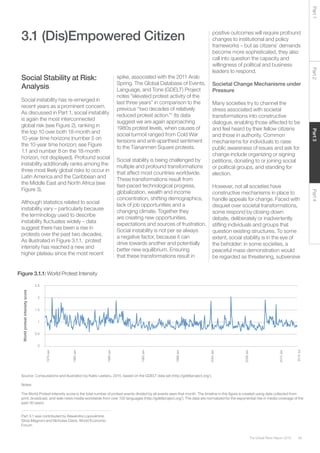 39The Global Risks Report 2016
Part2Part4Part3Part1
3.1 (Dis)Empowered Citizen
Social Stability at Risk:
Analysis
Social instability has re-emerged in
recent years as a prominent concern.
As discussed in Part 1, social instability
is again the most interconnected
global risk (see Figure 2), ranking in
the top 10 over both 18-month and
10-year time horizons (number 5 on
the 10-year time horizon; see Figure
1.1 and number 8 on the 18-month
horizon, not displayed). Profound social
instability additionally ranks among the
three most likely global risks to occur in
Latin America and the Caribbean and
the Middle East and North Africa (see
Figure 3).
Although statistics related to social
instability vary – particularly because
the terminology used to describe
instability fluctuates widely – data
suggest there has been a rise in
protests over the past two decades.
As illustrated in Figure 3.1.1, protest
intensity has reached a new and
higher plateau since the most recent
spike, associated with the 2011 Arab
Spring. The Global Database of Events,
Language, and Tone (GDELT) Project
notes “elevated protest activity of the
last three years” in comparison to the
previous “two decades of relatively
reduced protest action.”1
Its data
suggest we are again approaching
1980s protest levels, when causes of
social turmoil ranged from Cold War
tensions and anti-apartheid sentiment
to the Tiananmen Square protests.
Social stability is being challenged by
multiple and profound transformations
that affect most countries worldwide.
These transformations result from
fast-paced technological progress,
globalization, wealth and income
concentration, shifting demographics,
lack of job opportunities and a
changing climate. Together they
are creating new opportunities,
expectations and sources of frustration.
Social instability is not per se always
a negative factor, because it can
drive towards another and potentially
better new equilibrium. Ensuring
that these transformations result in
positive outcomes will require profound
changes to institutional and policy
frameworks – but as citizens’ demands
become more sophisticated, they also
call into question the capacity and
willingness of political and business
leaders to respond.
Societal Change Mechanisms under
Pressure
Many societies try to channel the
stress associated with societal
transformations into constructive
dialogue, enabling those affected to be
and feel heard by their fellow citizens
and those in authority. Common
mechanisms for individuals to raise
public awareness of issues and ask for
change include organizing or signing
petitions, donating to or joining social
or political groups, and standing for
election.
However, not all societies have
constructive mechanisms in place to
handle appeals for change. Faced with
disquiet over societal transformations,
some respond by closing down
debate, deliberately or inadvertently
stifling individuals and groups that
question existing structures. To some
extent, social stability is in the eye of
the beholder: in some societies, a
peaceful mass demonstration would
be regarded as threatening, subversive
Source: Computations and illustration by Kalev Leetaru, 2015, based on the GDELT data set (http://gdeltproject.org/).
Notes:
The World Protest Intensity score is the total number of protest events divided by all events seen that month. The timeline in this figure is created using data collected from
print, broadcast, and web news media worldwide from over 100 languages (http://gdeltproject.org/). The data are normalized for the exponential rise in media coverage of the
past 30 years.
Figure 3.1.1: World Protest Intensity
World Protest Intensity
2.5
2
1.5
1
0.5
0
1979Jan
1983Jan
1988Jan
1993Jan
1998Jan
2003Jan
2008Jan
2013Jan
2015Jul
Worldprotestintensityscore
Part 3.1 was contributed by Alexandra Lopoukhine,
Silvia Magnoni and Nicholas Davis, World Economic
Forum.
 