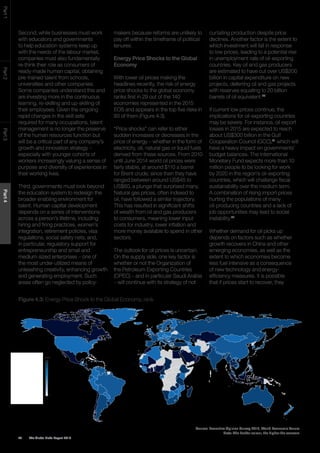 The Global Risks Report 201674
Part1Part2Part3Part4
Second, while businesses must work
with educators and governments
to help education systems keep up
with the needs of the labour market,
companies must also fundamentally
re-think their role as consumers of
ready-made human capital, obtaining
pre-trained talent from schools,
universities and other companies.
Some companies understand this and
are investing more in the continuous
learning, re-skilling and up-skilling of
their employees. Given the ongoing
rapid changes in the skill sets
required for many occupations, talent
management is no longer the preserve
of the human resources function but
will be a critical part of any company’s
growth and innovation strategy –
especially with younger cohorts of
workers increasingly valuing a sense of
purpose and diversity of experiences in
their working lives.
Third, governments must look beyond
the education system to redesign the
broader enabling environment for
talent. Human capital development
depends on a series of interventions
across a person’s lifetime, including
hiring and firing practices, women’s
integration, retirement policies, visa
regulations, social safety nets, and,
in particular, regulatory support for
entrepreneurship and small and
medium-sized enterprises – one of
the most under-utilized means of
unleashing creativity, enhancing growth
and generating employment. Such
areas often go neglected by policy-
makers because reforms are unlikely to
pay off within the timeframe of political
tenures.
Energy Price Shocks to the Global
Economy
With lower oil prices making the
headlines recently, the risk of energy
price shocks to the global economy
ranks first in 29 out of the 140
economies represented in the 2015
EOS and appears in the top five risks in
93 of them (Figure 4.3).
“Price shocks” can refer to either
sudden increases or decreases in the
price of energy – whether in the form of
electricity, oil, natural gas or liquid fuels
derived from these sources. From 2010
until June 2014 world oil prices were
fairly stable, at around $110 a barrel
for Brent crude; since then they have
ranged between around US$45 to
US$60, a plunge that surprised many.
Natural gas prices, often indexed to
oil, have followed a similar trajectory.
This has resulted in significant shifts
of wealth from oil and gas producers
to consumers, meaning lower input
costs for industry, lower inflation and
more money available to spend in other
sectors.
The outlook for oil prices is uncertain.
On the supply side, one key factor is
whether or not the Organization of
the Petroleum Exporting Countries
(OPEC) – and in particular Saudi Arabia
– will continue with its strategy of not
curtailing production despite price
declines. Another factor is the extent to
which investment will fall in response
to low prices, leading to a potential rise
in unemployment rate of oil-exporting
countries. Key oil and gas producers
are estimated to have cut over US$200
billion in capital expenditure on new
projects, deferring oil and gas projects
with reserves equating to 20 billion
barrels of oil equivalent.40
If current low prices continue, the
implications for oil-exporting countries
may be severe. For instance, oil export
losses in 2015 are expected to reach
about US$300 billion in the Gulf
Cooperation Council (GCC),41
which will
have a heavy impact on governments’
budget balances. The International
Monetary Fund expects more than 10
million people to be looking for work
by 2020 in the region’s oil-exporting
countries, which will challenge fiscal
sustainability over the medium term.
A combination of rising import prices
hurting the populations of many
oil-producing countries and a lack of
job opportunities may lead to social
instability.42
Whether demand for oil picks up
depends on factors such as whether
growth recovers in China and other
emerging economies, as well as the
extent to which economies become
less fuel intensive as a consequence
of new technology and energy-
efficiency measures. It is possible
that if prices start to recover, they
Figure 4.3: Energy Price Shock to the Global Economy, rank
1
2
3
4
5
6
7
8
9
10
11
12
13
14
15
16
18
1
27
Rank
Source: Executive Opinion Survey 2015, World Economic Forum.
Note: The darker colour, the higher the concern.
 