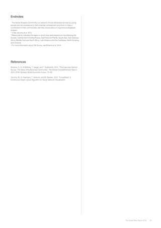 91The Global Risks Report 2016
Endnotes
1
The Global Shapers Community is a network of hubs developed and led by young
people who are exceptional in their potential, achievement and drive to make a
contribution to their communities; see http://www.weforum.org/community/global-
shapers
2
3 See Jacomy et al. 2012.
3
Respondents indicated the region in which they were based from the following list:
Europe, Central Asia including Russia, East Asia and Pacific, South Asia, Sub-Saharan
Africa, Middle-East and North Africa, Latin America and the Caribbean, North America,
and Oceania.
4
For more information about the Survey, see Browne et al. 2014.
References
Browne, C., A. Di Battista, T. Geiger, and T. Gutknecht. 2014. “The Executive Opinion
Survey: The Voice of the Business Community”. The Global Competitiveness Report
2015–2016. Geneva: World Economic Forum. 75–85.
Jacomy, M., S. Heymann, T. Venturini, and M. Bastian. 2012. “ForceAtlas2: A
Continuous Graph Layout Algorithm for Handy Network Visualization”.
 