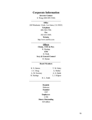 19
Corporate Information
Investor Contact
S. Wang (408-809-5360)
_________________________________
Office
100 Winchester Circle, Los Gatos, CA 95032.
Telephone
408-540-3700.
Fax
302-655-5049.
Website
http://www.netflix.com
_________________________________
Officers
Chrmn, CEO & Pres
R. Hastings
CFO
D. Wells
Secy & General Counsel
D. Hyman
________________________________
Board Members
R. N. Barton T. M. Haley
J. C. Hoag A. Mather
A. M. Sweeney A. G. Battle
R. Hastings L. J. Kilgore
B. L. Smith
___________________________________
Domicile
Delaware
Founded
1997
Employees
3,700
Shares Outstanding
428 million
 