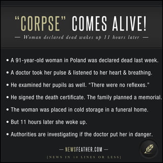 Woman declared dead wakes up 11 hours later
“CORPSE”
NEWSFEATHER.COM
[ N E W S I N 1 0 L I N E S O R L E S S ]
COMES ALIVE!
• A 91-year-old woman in Poland was declared dead last week.
• A doctor took her pulse & listened to her heart & breathing.
• He examined her pupils as well. “There were no reﬂexes.”
• He signed the death certiﬁcate. The family planned a memorial.
• The woman was placed in cold storage in a funeral home.
• But 11 hours later she woke up.
• Authorities are investigating if the doctor put her in danger.
 