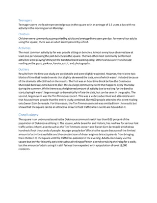 Teenagers
Teenagerswere the leastrepresentedgrouponthe square withanaverage of 1.5 usersa day withno
activityinthe morningsor onMondays
Children
Childrenwere commonlyaccompaniedbyadultsandaveragedtwousersperday.For everyfouradults
usingthe square,there wasan adultaccompanied bya child.
Activities
The most commonactivitybyfar was people sittingonbenches.Almosteveryhourobservedsaw at
leastone personusingthe parkbenchesinthe square.The twoothermost commonlyperformed
activitieswere playing/sittingonthe Bandstandandwalkingadog. Othervariousactivitiesinclude
readingonthe grass, parkour,karate,catch, and photography.
Outliers
Resultsfromthe time use studyare predictable andwere slightlyexpected.However,there were two
blocksof time that hostedeventsthatslightlyskeweredthe data,one of whichwasn’tincludedbecause
of the dramaticeffectithad onthe results.The firstwasan hourtime blockbefore the Oskaloosa
Municipal Bandwas scheduledtoplay.Thisisa large communityeventthat happenseveryThursday
duringthe summer.While there wasaheightenedamountof activitydue towaitingforthe bandto
start playingitwasn’tlarge enoughtodramaticallyinflatethe data,butcan be seeninthe graphs. The
second,largereventwasthe TimTimmonsconcert.Thiswas a widelyadvertisedandattendedevent
that housedmore people thanthe entire studycombined.Over600 people attendedthiseventrivaling
onlySweetCornSerenade.Forthisreason,the TimTimmonsconcertwasomittedfromthe resultsbut
showsthat the square can be an attractive draw forfoot trafficwheneventsare housedonit.
Conclusions
The square is an underusedassettothe Oskaloosacommunitywithlessthan0.03 percentof the
populationof Oskaloosautilizingit.The square,while beautiful andhistoric,hasnodraw forseriousfoot
trafficunlessithostseventssuchasthe Tim Timmonsconcertand SweetCornSerenade whichdraw
hundredsif notthousandsof people.Youngerpeopledon’tflocktothe square because of the limited
amountof activitiesavailable andthe constantroar of diesel enginesdetractsparentsfrombringing
theirchildrentothe square until the traffichassubsidedinthe evening.Adultscontinuallyuse the
square but onlyforleisurelyactivitiessuchasdrinkingcoffee onabenchor takingtheirdogfor a walk;
but the amountof adultsusingitisstill farlessthanexpectedwithapopulationof over11,000
residents.
 