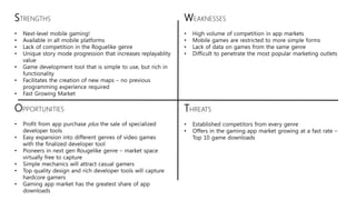 WEAKNESSES
• High volume of competition in app markets
• Mobile games are restricted to more simple forms
• Lack of data on games from the same genre
• Difficult to penetrate the most popular marketing outlets
STRENGTHS
• Next-level mobile gaming!
• Available in all mobile platforms
• Lack of competition in the Roguelike genre
• Unique story mode progression that increases replayablity
value
• Game development tool that is simple to use, but rich in
functionality
• Facilitates the creation of new maps – no previous
programming experience required
• Fast Growing Market
OPPORTUNITIES
• Profit from app purchase plus the sale of specialized
developer tools
• Easy expansion into different genres of video games
with the finalized developer tool
• Pioneers in next gen Rougelike genre – market space
virtually free to capture
• Simple mechanics will attract casual gamers
• Top quality design and rich developer tools will capture
hardcore gamers
• Gaming app market has the greatest share of app
downloads
THREATS
• Established competitors from every genre
• Offers in the gaming app market growing at a fast rate –
Top 10 game downloads
 