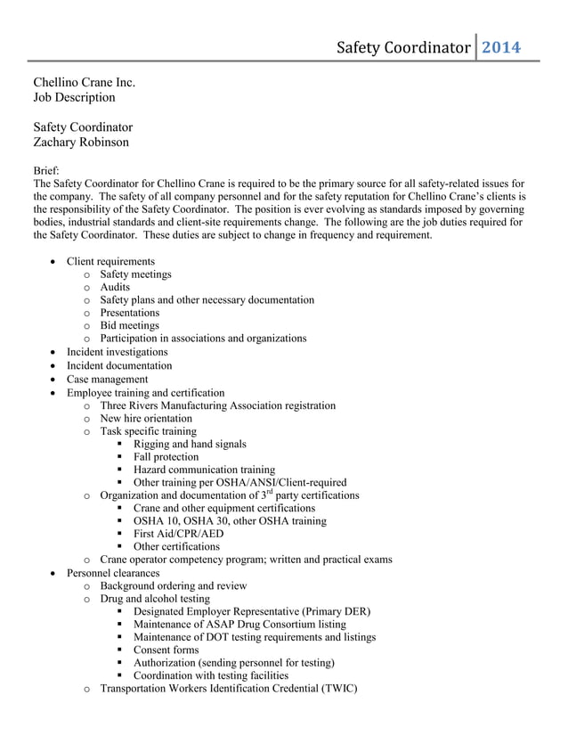 Safety Coordinator Job Description PDF