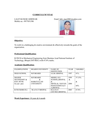 CURRICULUM VITAE
LALIT KUMAR AHIRWAR Email: lalit_mact2001@yahoo.com
Mobile no.- 9977851390
___________________________________________________
Objective:
To work in a challenging & creative environment & effectively towards the goals of the
organization.
Professional Qualification:
B.TECH in Mechanical Engineering from Maulana Azad National Institute of
Technology, Bhopal (NIT/REC) with 67.8% marks.
Academic Qualification:
EXAMINATIONS BOARD/UNIVERSITY NAME OF
INSTITUTION
YEAR %MARKS
HIGH SCHOOL M.P.BOARD S.S.M. BHOPAL 1997 81%
HIGHER
SECONDARY &
B.SC (PCM)
Ist year pass
M.P.BOARD
&
BARKTULLAH
UNIVERSITY
MODEL H.S
SCHOOL,BHOPAL
&
MOTILAL VIGYAN
MAHAVIDHYALY
A,BHOPAL
1999
&
2000
57.33%
&
66%
B.TECH(MECH.) M.A.N.I.T BHOPAL M.A.N.I.T
(NIT/REC)BHOPAL
2005 67.8%
Work Experience: 10 years & 6 month
 