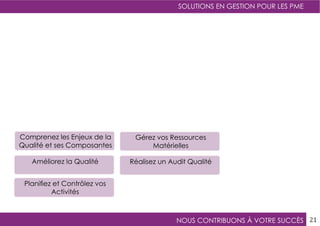 SOLUTIONS EN GESTION POUR LES PME
NOUS CONTRIBUONS À VOTRE SUCCÈS 21
Réalisez un Audit Qualité
Planifiez et Contrôlez vos
Activités
Gérez vos Ressources
Matérielles
Comprenez les Enjeux de la
Qualité et ses Composantes
Améliorez la Qualité
 
