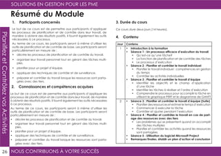 NOUS CONTRIBUONS À VOTRE SUCCÈS
SOLUTIONS EN GESTION POUR LES PME
26
PlanifiezetContrôlezvosActivités
Résumé du Module
1. Participants concernés
2. Connaissances et compétences acquises
4. Contenu
3. Durée du cours
Le but de ce cours est de permettre aux participants d’appliquer
les processus de planification et de contrôle dans leur travail, de
manière à obtenir des résultats positifs. Il fournit également les outils
nécessaires à ce processus.
Au terme de ce cours, les participants seront à même d’utiliser les
outils de planification et de contrôle de base. Les participants seront
particulièrement en mesure de :
•	 décrire les processus de planification et de contrôle du travail.
•	 organiser leur travail personnel tout en gérant des tâches multi-
ples.
•	 planifier pour un projet d’équipe.
•	 appliquer des techniques de contrôle et de surveillance.
•	 préparer et contrôler du travail lorsque les ressources sont parta-
gées avec des tiers.
Le but de ce cours est de permettre aux participants d’appliquer les
processus de planification et de contrôle dans leur travail, de manière
à obtenir des résultats positifs. Il fournit également les outils nécessaires
à ce processus.
Au terme de ce cours, les participants seront à même d’utiliser les
outils de planification et de contrôle de base. Les participants seront
particulièrement en mesure de :
•	 décrire les processus de planification et de contrôle du travail.
•	 organiser leur travail personnel tout en gérant des tâches multi-
ples.
•	 planifier pour un projet d’équipe.
•	 appliquer des techniques de contrôle et de surveillance.
•	 préparer et contrôler du travail lorsque les ressources sont parta-
gées avec des tiers.
Ce cours dure deux jours (14 heures).
Jour Contenu
1 •	 Introduction à la formation
•	 Séance 1 : Un processus efficace d’exécution du travail
•	 Qu’est-ce qu’une tâche?
•	 La fonction de planification et de contrôle des tâches
•	 Le processus d’exécution
•	 Séance 2 : Planifier et contrôler le travail individuel
•	 Planifier le travail individuel : compétences en gestion
du temps
•	 Contrôler les activités individuelles
•	 Séance 3 : Planifier et contrôler le travail d’équipe
•	 Identifier les objectifs et le champ d’application
d’une tâche
•	 Identifier les tâches à réaliser et l’ordre d’exécution
•	 Comprendre le processus pour accomplir la tâche en
utilisant le graphique PERT et le diagramme de GANTT
2 •	 Séance 3 : Planifier et contrôler le travail d’équipe (Suite)
•	 Planifier des ressources et estimer le temps d’exécution
•	 Commencer à exécuter la tâche
•	 Contrôler et ajuster pendant l’exécution
•	 Séance 4 : Planifier et contrôler le travail en cas de part-
age des ressources avec des tiers
•	 Les problèmes qui se présentent quand on accomplit
des tâches multiples
•	 Planifier et contrôler les activités quand les ressources
sont partagées
•	 Séance 5 : Utilisation du logiciel Microsoft Project
•	 Remarques finales, établir un plan d’action et conclusion
 
