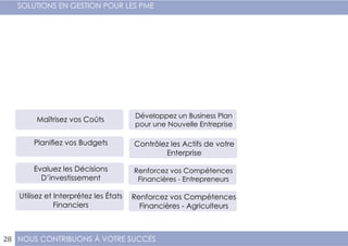 NOUS CONTRIBUONS À VOTRE SUCCÈS
SOLUTIONS EN GESTION POUR LES PME
28
Evaluez les Décisions
D’investissement
Utilisez et Interprétez les États
Financiers
Développez un Business Plan
pour une Nouvelle Entreprise
Renforcez vos Compétences
Financières - Agriculteurs
Renforcez vos Compétences
Financières - Entrepreneurs
Contrôlez les Actifs de votre
Enterprise
Planifiez vos Budgets
Maîtrisez vos Coûts
 