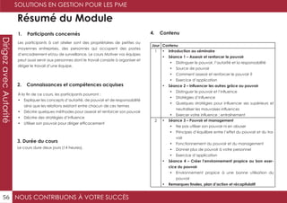 NOUS CONTRIBUONS À VOTRE SUCCÈS
SOLUTIONS EN GESTION POUR LES PME
56
DirigezavecAutorité
Résumé du Module
1. Participants concernés
2. Connaissances et compétences acquises
4. Contenu
3. Durée du cours
Les participants à cet atelier sont des propriétaires de petites ou
moyennes entreprises, des personnes qui occupent des postes
d’encadrement et/ou de surveillance. Le cours Motiver vos équipes
peut aussi servir aux personnes dont le travail consiste à organiser et
diriger le travail d’une équipe.
À la fin de ce cours, les participants pourront :
•	 Expliquer les concepts d’autorité, de pouvoir et de responsabilité
ainsi que les relations existant entre chacun de ces termes
•	 Décrire quelques méthodes pour asseoir et renforcer son pouvoir
•	 Décrire des stratégies d’influence
•	 Utiliser son pouvoir pour diriger efficacement
Le cours dure deux jours (14 heures).
Jour Contenu
1 •	 Introduction au séminaire
•	 Séance 1 – Asseoir et renforcer le pouvoir
•	 Distinguer le pouvoir, l’autorité et la responsabilité
•	 Source de pouvoir
•	 Comment asseoir et renforcer le pouvoir ?
•	 Exercice d’application
•	 Séance 2 – Influencer les autres grâce au pouvoir
•	 Distinguer le pouvoir et l’influence
•	 Stratégies d’influence
•	 Quelques stratégies pour influencer ses supérieurs et
neutraliser les mauvaises influences
•	 Exercer votre influence : entraînement
2 •	 Séance 3 – Pouvoir et management
•	 Ne pas utiliser son pouvoir ni en abuser
•	 Principes d’équilibre entre l’effet du pouvoir et du tra-
vail
•	 Fonctionnement du pouvoir et du management
•	 Donner plus de pouvoir à votre personnel
•	 Exercice d’application
•	 Séance 4 – Créer l’environnement propice au bon exer-
cice du pouvoir
•	 Environnement propice à une bonne utilisation du
pouvoir
•	 Remarques finales, plan d’action et récapitulatif
 