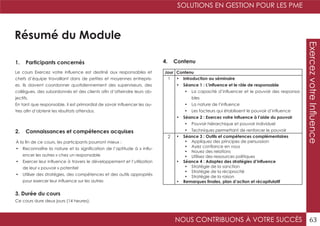 SOLUTIONS EN GESTION POUR LES PME
NOUS CONTRIBUONS À VOTRE SUCCÈS 63
ExercezvotreInfluence
Résumé du Module
1. Participants concernés
2. Connaissances et compétences acquises
4. Contenu
3. Durée du cours
Le cours Exercez votre influence est destiné aux responsables et
chefs d’équipe travaillant dans de petites et moyennes entrepris-
es. Ils doivent coordonner quotidiennement des superviseurs, des
collègues, des subordonnés et des clients afin d’atteindre leurs ob-
jectifs.
En tant que responsable, il est primordial de savoir influencer les au-
tres afin d’obtenir les résultats attendus.
À la fin de ce cours, les participants pourront mieux :
•	 Reconnaître la nature et la signification de l’aptitude à « influ-
encer les autres » chez un responsable
•	 Exercer leur influence à travers le développement et l’utilisation
de leur « pouvoir » potentiel
•	 Utiliser des stratégies, des compétences et des outils appropriés
pour exercer leur influence sur les autres
Ce cours dure deux jours (14 heures).
Jour Contenu
1 •	 Introduction au séminaire
•	 Séance 1 : L’influence et le rôle de responsable
•	 La capacité d’influencer et le pouvoir des responsa-
bles
•	 La nature de l’influence
•	 Les facteurs qui établissent le pouvoir d’influence
•	 Séance 2 : Exercez votre influence à l’aide du pouvoir
•	 Pouvoir hiérarchique et pouvoir individuel
•	 Techniques permettant de renforcer le pouvoir
2 •	 Séance 3 : Outils et compétences complémentaires
•	 Appliquez des principes de persuasion
•	 Ayez confiance en vous
•	 Nouez des relations
•	 Utilisez des ressources politiques
•	 Séance 4 : Adoptez des stratégies d’influence
•	 Stratégie de la sanction
•	 Stratégie de la réciprocité
•	 Stratégie de la raison
•	 Remarques finales, plan d’action et récapitulatif
 