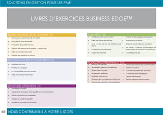 NOUS CONTRIBUONS À VOTRE SUCCÈS
SOLUTIONS EN GESTION POUR LES PME
88
LIVRES D’EXERCICES BUSINESS EDGE™
•	 Réussissez vos séminaires de formation
•	 Recrutez les bons employés
•	 Evaluation des performances
•	 Gestion des ressources humaines : Introduction
•	 Faire une analyse de poste
•	 Gestion des relations au travail
•	 Maîtrisez vos coûts
•	 Planifiez vos budgets
•	 La Comptabilité pour les novices
•	 Faire une analyse financière
•	 Améliorez la qualité
•	 Comprenez les enjeux de la qualité et ses composantes
•	 Gérez vos ressources matérielles
•	 Réalisez un audit de Qualité
•	 Planifiez et contrôler vos activités
GESTION DES RESSOURCES HUMAINES (6)
GESTION FINANCIÈRE ET COMPTABILITÉ (4)
GESTION DES OPERATIONS (5)
•	 Améliorez votre service client
•	 Faire une étude de marché
•	 Avoir un bon service de relations pub-
liques
•	 Introduction au Marketing
•	 Cibler des marchés
•	 Projeter et développer des produits
•	 Promotion et Publicité
•	 Collecte de données sur les clients
•	 Les clients : Collecte d’informations sur
les processus d’achat et les tendances
•	 La stratégie de prix
•	 Motivez vos équipes
•	 Apprenez à gérer le changement
•	 Dirigez avec autorité
•	 Apprenez à déléguer
•	 Maîtrisez votre temps
•	 Devenez des managers plus efficaces
•	 Trouvez des solutions à vos problèmes
•	 Menez des actions de Communication
•	 Gérez un bureau
•	 Comment prendre des décisions
•	 Communication de groupe
•	 Dirigez des équipes
•	 Sachez négocier efficacement
MARKETING (10)
PRODUCTIVITÉ PERSONNELLE (13)
 