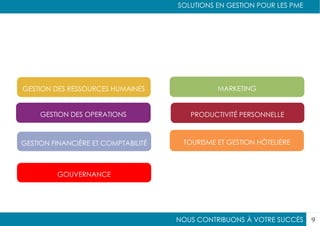 NOUS CONTRIBUONS À VOTRE SUCCÈS
SOLUTIONS EN GESTION POUR LES PME
9
GESTION DES RESSOURCES HUMAINES
GESTION FINANCIÈRE ET COMPTABILITÉ
GESTION DES OPERATIONS
MARKETING
PRODUCTIVITÉ PERSONNELLE
TOURISME ET GESTION HÔTELIÈRE
GOUVERNANCE
 
