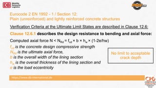https://www.db-international.de
Eurocode 2 EN 1992 - 1 / Section 12:
Plain (unreinforced) and lightly reinforced concrete structures
Verification Criteria at the Ultimate Limit States are described in Clause 12.6:
Clause 12.6.1 describes the design resistance to bending and axial force:
Computed axial force N < NRd = fcd × b × hw × (1-2e/hw)
fcd is the concrete design compressive strength
NRd is the ultimate axial force,
b is the overall width of the lining section
hw is the overall thickness of the lining section and
e is the load eccentricity
No limit to acceptable
crack depth
 