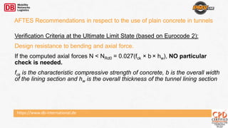 https://www.db-international.de
AFTES Recommendations in respect to the use of plain concrete in tunnels
Verification Criteria at the Ultimate Limit State (based on Eurocode 2):
Design resistance to bending and axial force.
If the computed axial forces N < NRd0 = 0.027(fck × b × hw), NO particular
check is needed.
fck is the characteristic compressive strength of concrete, b is the overall width
of the lining section and hw is the overall thickness of the tunnel lining section
 