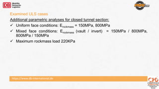 https://www.db-international.de
Examined ULS cases
Additional parametric analyses for closed tunnel section:
 Uniform face conditions: Erockmass = 150MPa, 800MPa
 Mixed face conditions: Erockmass (vault / invert) = 150MPa / 800MPa,
800MPa / 150MPa
 Maximum rockmass load 220KPa
 