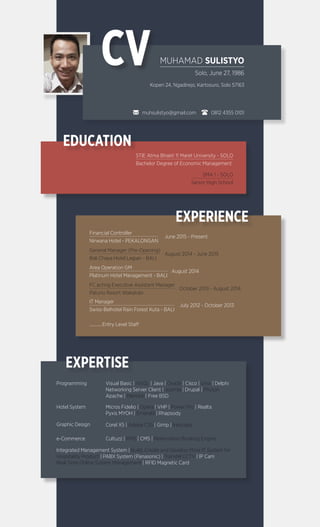 MUHAMAD SULISTYO
Solo, June 27, 1986
Kopen 24, Ngadirejo, Kartosuro, Solo 57163
STIE Atma Bhakti 11 Maret University - SOLO
Financial Controller
Area Operation GM
IT Manager
............Entry Level Staff
Programming
Hotel System
Graphic Design
e-Commerce
Visual Basic | mSQL | Java | Oracle | Cisco | Unix | Delphi
Networking Server Client | Joomla | Drupal | Phyton
Apache | Mikrotik | Free BSD
Integrated Management System | Build, Create and Develop More IT System for
Hospitality Product | PABX System (Panasonic) | Transtel CCTV | IP Cam
Real Time Online System Management | RFID Magnetic Card
Cultuzz | RMS | CMS | Reservation Booking Engine
Micros Fidelio | Opera | VHP | Power Pro | Realta
Pyxis MYOH | Emerald | Rhapsody
Corel X5 | Adobe CS5 | Gimp | Inkscape
General Manager (Pre-Opening)
FC acting Executive Assistant Manager
June 2015 - Present
August 2014
July 2012 - October 2013
August 2014 - June 2015
October 2013 - August 2014
SMA 1 - SOLO
Bachelor Degree of Economic Management
Nirwana Hotel - PEKALONGAN
Platinum Hotel Management - BALI
Swiss-Belhotel Rain Forest Kuta - BALI
Bali Chaya Hotel Legian - BALI
Patuno Resort Wakatobi
Senior High School
0812 4355 0101muhsulistyo@gmail.com
 