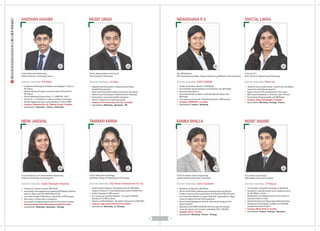 NIDARSHANA R G
Summer internship: SAINT GOBAIN
B.E. (BIO-Medical)
SRI Sivasubramaniya Nadar College of Engineering (Affiliated to Anna University)
23
years
 Finalist, Smart Beta, Infusion'15, IIM Rohtak
 Vice-President, Industry Relations and Interaction Cell, IIM Rohtak
 Anna University Rank 13
 Central Coordinator of Sparsh, Socila Development Project Cell,
IIM Rohtak
 First runners up throw ball in Manfest-Varchasva at IIM Lucknow
 Company: COGNIZANT (7 months)
 Specialisation: Finance - Marketing
SHEETAL LAKRA
Summer internship: Wipro Ltd.
B.Tech (C.S.E.)
Amity School of Engineering and Technology
24
years
 “Award for Amity Youth Festival” based on the contribution
towards the festival(head organizer)
 Topper of B.tech CSE consecutively for three years
 Merit based scholarship for all the four years of B.tech
 Events Head, Entrepreneurship Cell, IIM Rohtak
 Company: Wipro Technologies (9 months)
 Specialisation: Marketing - Strategy - Finance
KANIKA BHALLA
Summer internship: Eicher Goodearth
B.Tech (Computer Science Engineering)
Jaypee Institute of Information Technology
23
years
 Placement Coordinator at IIM Rohtak
 Winner at Bits Pilani’s Kaleidoscope marketing event and National
Finalist at various events conducted by B-Schools like FMS, IIM Indore
 Core Committee Member of Jaypee Youth Club, responsible for college
events throughout the year during graduation
 Part of Facility Management Team for Team Ferrari during the First
Indian Grand Prix
 Selected as YES ASPIRE SCHOLAR 2015 from top 25 B-Schools
across the country and received a scholarship of Rs: 2,00,000/-
 Company: Dell (11 months)
 Specialisation: Marketing - Finance - Strategy
HARSHAN HASHIM
Summer internship: IFB Global
B.Tech (Electrical & Electronics)
National Institute of Technology Calicut
24
years
 Coordinator-Workshops & Exhibitions during Ragam’13 held at
NIT Calicut
 Member-Electrical Program Committee during Tathva held at
NIT Calicut
 Kerala Engineering Entrance Rank-111, AIEEE AIR - 9319
 Secured A+ in all subjects in higher secondary examination
 Member-Registration team during Marathon'14 held at IIMR
 Company: Hindustan Zinc Ltd. (Vedanta Group) (2 months)
 Specialisation: Operations - Finance - Marketing
MUDIT SINGH
Summer internship: J.K Paper
B.Tech (Instrumentation and Control)
Nirma Institute of Technology
24
years
 National Level Participation in National School Games
Handball Championship
 State Level Participation in State Level Cricket Tournament
 National Level Participation in National Science Olympiad
 Participated in state level handball competition
 Winner of district level cricket tournament
 Company: N.G Constructions Pvt. Ltd. (6 months)
 Specialisation: Marketing - Operations - HR
NIDHI JAISWAL
Summer internship: Apollo Gleneagles Hospitals
B.Tech (Electronics and instrumentation engineering)
Institute of Technology and management
24
years
 Treasurer of Cultural Committe, IIM Rohtak
 successfully choreographed and organised IIM Rohtak's flashmob
based on Share Love With AIDS Affected Kids
 Core Team member of Momentum, annual fest of ITM, Gurgaon
 Won prizes in various dance competitions
 successfully completed projects with two ecommerce startups
 Company: Napino Auto & Electronics Limited (6 months)
 Specialisation: Marketing - Operations - Strategy
16 17
WorkExperience:0-01Year
MOHIT ANAND
Summer internship: J.P Morgan
B.Com (Hons.) (Commerce)
Delhi College of Arts and Commerce
22
years
 Vice President- Hospitality Committee in IIM Rohtak
 Awarded for reducing network tower operating cost by
Rs. 267 Million in Airtel
 Participated in the National Seminar on the 'Future of
Corporate Finance in India'
 Cleared Benchmark Six Sigma Green Belt Examination
 Volunteered with Samiksha, an NGO on an HIV/AIDS
Targeted Intervention Project
 Company: Bharti Airtel (11 months)
 Specialisation: Finance - Strategy - Operations
TANMAYI KARNA
Summer internship: Silly Monks Entertainment Pvt Ltd
B.Tech (Information Technology)
Geethanjali College of Engineering and Technology
23
years
 Head Corporate Relations, Entrepreneurship Cell, IIM Rohtak
 Student Convenor of 1st Entrepreneurship Summit UDAAN 2014
 Finalist, Strategia'15, IIM Lucknow
 First runners up and Silver Medalist - Throwball in Manfest-
Varchasva'14 at IIM Lucknow
 Winners and Gold Medalist - Throwball in Elysium'15 at FMS Delhi
 Company: Apps Associates Pvt Ltd (6 months)
 Specialisation: Marketing - IT - Strategy
 