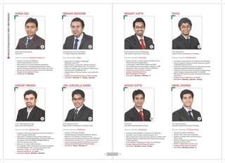 JOEL KURUVILLA DANIEL
Summer internship: HealthIndya
B.Tech (Computer Science)
Rajagiri School of Engineering and Technology, Cochin
24
years
 Secretary, IT Committee, IIM Rohtak
 Awarded Accenture Life Sciences Industry Cell - Quarterly
Award for FY 2013 Quarter-2 , Delivery Unit Level
 Selected as Core Team Member for Marathon 2015, IIM Rohtak
 Committee Head, Techkshetra 2011, a national level tech-fest
 Life Sciences Industry Generalist Certification by Accenture
 Company: Accenture Services Pvt Ltd (22 months)
 Specialisation: Finance - Marketing - IT
NISHANT GUPTA
Summer internship: Aviva India
B.Tech (Computer Science and Engineering)
Amity School of Engineering and Technology
24
years
 Designer and Editor in Chief for India's First Childhood Cancer
Survivors Network for CanKids KidsCan
 1st Rank holder in CBSE's AISSCE English examination
 Part of Editorial team for School magazine "Expressions" 2006
 Editorial and Content Coordinator of PR Cell of IIM Rohtak
 Second place in Infusion 2015 IT competition
 Company: Oxford University Press,
Wipro Technologies (22 months)
 Specialisation: Operations - Marketing - IT
RAHUL
Summer internship: Michelin India
B.Tech (Mechanical)
Lingaya's Institute of Management & Technology
24
years
 Co-ordinator, Industrial Relation and Interaction cell at IIM Rohtak
 Winner of Clepsydra, Strategy Case Study Competition organized
by IIM Rohtak during Infusion'15
 Finalist (out of 140 teams) of Gordian Knot, Marketing Case Study
Competition organized by IIM Indore during IRIS'14
 Finalist (out of 95 teams) of Know Your Customer, Marketing Case
study Competition organised during OJAS 7.0 at SPJIMR
 Member of ASME (American Society of Mechanical Engineering)
during B.Tech
 Company: Larsen & Toubro Ltd. (22.5 months)
 Specialisation: Marketing - Operations - Strategy
AKSHAY GUPTA
Summer internship: GreySprings
B.Tech (ECE)
Guru Gobind Singh Indraprastha University
24
years
 Coordinator, Industrial Relations & Interactions Cell, IIM Rohtak
 Green Belt in Lean Six Sigma certification program, 2015
 Rated as High Achiever during performance appraisals at Videocon D2H
 Successful completion of Microsoft Project Professional Training from
ST Micro-electronics
 Event Coordinator of Management Conclave 2014, IIM Rohtak
 Company: Videocon d2h, ICS Cargo (23 months)
 Specialisation: Marketing - Finance - Strategy
AVISEK DAS
Summer internship: Paramount Cables Ltd.
B.Tech (Electrical Engineering)
Techno India
25
years
 President, IT Committee of IIM Rohtak
 Oracle Certified Associate in Java Se6
 Bronze Winner in an Intra Club Swimming Championship
 Client Appreciation for developing efficient batch processing
system by reducing a waiting period of 50 minutes to 10 minutes
 Management and Online Events Head, Infusion 2016, IIM Rohtak
 Company: Tata Consultancy Services
 Specialisation: IT - Marketing
DIBAKAR BHOWMIK
Summer internship: Wipro
B.Tech (Electronics and Communication)
L.D. College of Engineering, Ahmedabad
25
years
 Runners up in IT competition "Praudhyogiki",
IIM Rohtak, Infusion-2015
 National Finalist in "Gordian Knot", IRIS-2014, IIM Indore
 Highest marks in Mathematics in HS (+2) examination
 Runner-up in Robotics event "Line Follower" in National-level
Technical Festival "COGNIZANCE-2011”
 National Finalist in "Know your Customer" event, OJAS-2015,
S. P. Jain
 Company: Tata Consultancy Services (TCS) (22 months)
 Specialisation: Marketing - IT - Strategy - Operations
HARSHIT MISHRA
Summer internship: Michelin India
B. Tech. (Mining Machinery Engg)
Indian School of Mines,Dhanbad
25
years
 In-charge of maintenance and operation of electric rope shovels in
15 MT Coal project of KOCP, SECL
 Project study on A Method of Statistical Failure Analysis and
Implications on the General Maintenance of Continuous Miner and
its production in P&H JOY MINING EQUIPMENT INDIA Ltd
 15th rank in UP board exam in HSC
 Among top 1% in state in NSE of chemistry
 Co co-ordinator of Srijan, Annual cultural cum techno management
fest of ISM, Dhanbad • Won 1st prize in Inter college Cricket
tournament in Infusion 15 - A fest of IIM Rohtak
 Company: Coal India Ltd. (22 months)
 Specialisation: Finance - Marketing - Operations
24 25
WorkExperience:01-02Years
NIKHIL SHARMA
Summer internship: JP Morgan Chase
B.E. (Computer Science)
Chandigarh College Of Engineering & Technology
24
years
 Placement Coordinator at IIM Rohtak
 National , State , District level cricket player
 Organiser at Strategic Action and Planning Day at
Infosys Limited
 Organiser at National level conference on
advanced computing at CCET
 Member of college fashion and dance team
 Company: Infosys Limited (23 months)
 Specialisation: Marketing - Finance - IT
 