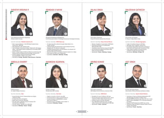 ANJALI SINGH
Summer internship: Adyar Ananda Bhavan
B.Com.(Hons.) (Commerce)
Faculty Of Commerce, Banaras Hindu University
22
years
ANUGRAHA SATHEESH
Summer internship: Oriental Aggregates
B.Com (B.Com with Taxation)
St. Aloysius' College Edathua, Kerala
21
years
ARVIND KUMAR
Summer internship: SIDBI Bank
B.Com (Hons.) (Commerce)
Delhi College of Arts & Commerce, University of Delhi
21
years
ASIT SINGH
Summer internship: Sapient Global Markets
B.S.-M.S. Dual Degree (Physics)
Indian Institute of Science Education and Research, Kolkata
25
years
 Member of Swabhav-A social initiative of IIM Rohtak
 Certificate of Proficiency in IT Fundamentals
&Microsoft Office 2007
 Completed a course titled Accounting with Tally.ERP.9
 Secured AIR 8813in National Level Science Talent
Search Examination (NSTSE)
 Specialisation: Finance - Marketing - Strategy
 Finalist, The Top Recruit Season II, DCB Bank
 Gold Medal, Chess Competition, Infusion 2015
 Dr. Ambedkar National Merit Award 2012' by Ministry of
Social Justice and Empowerment, Governtment of India
 Finalist, Splash Competition 2010,State level quiz
competition for Higher Secondary Students
 Specialisation: Marketing - Strategy - HR
 Awarded for Art work in Exhibition in 9th class
 Secured 3rd position during Exuberance 2011, Annual
cultural fest of Delhi College of Arts & Commerce
 Facilitator of Sports Committee, IIM Rohtak
 Part of IIM-Rohtak football team which won silver
medal in Elysium, sports cultural festival of FMS Delhi
 Specialisation: Finance - Operation
 Certification in Finance and Banking Fundamentals by FLIP
(Awarded Badge of Excellence and AIR 4) -2014
 Awarded INSPIRE Scholarship under SHE by DST, Govt. of India
 Rank 2 in district (Moradabad, U.P.) in 12th board examination
(U.P. Board)
 Recipient of NTSE Scholarship by NCERT, Govt. of India
 Felicitated as Rajya Bal Vigyani by National Children’s Science
Congress, Uttar Pradesh
 Specialisation: Finance - Operations
AARATHY KRISHNA R
Summer internship: Mafatlal Industries ltd
B.Tech (Electrical and Electronics Engineering)
Mahatma Gandhi University
22
years
ABHISHEK K NAYAK
Summer internship: HERO Motocorp
BE (Industrial Engineering and Management)
Sir M Visvesvaraya Institute of Technology (Visvesvaraya Technological University)
22
years
ABIDULLA SHARIFF
Summer internship: Bata
B.B.M (Commerce)
St. Joseph's College of Commerce
23
years
AKANKSHA AGARWAL
Summer internship: Tata Steel
B.A.Hons. (Sociology)
Miranda House, Delhi University
21
years
 Head- Coorporate Relations, E-Cell, IIM Rohtak President Human
resource Club , IIM Rohtak
 Head, Registrations Team, Marathon 2015
 Chief Coordinator of Social Service Project "Vidyuth 2013- Electrifying a
village", in Adi Shankara Institute of Engineering an Technology (ASIET),
in the year 2013-'14
 Winner of 'Shresht Vidhyarthi Medal' for Meritorious Students from Adi
Shankara Institute of Engineering and Technology, in the year 2014.
 General Coordinator of Electrical and Electronics Student
Association(EEESA), at ASIET in the year 2014.
 Specialisation: Strategy - Marketing - Human Resource - Operations
 Six Sigma Green Belt certified by Exemplar Global. Ranked 1st in
program with 95%.
 Conducted Safety Stock Optimisation at Toyota Kirloskar Auto Parts,
Bangalore with 72% reduction in some parts
 Completed internship position with EFD Induction in the Induction Coil
Design and CNC Assembly Division.
 Part of the SAE (Society of Automotive Engineers) chapter of my college
 NTSE Scholar with 98% score in Mathematics
 Specialisation: Operations - Marketing - Strategy
 Secured All India 7th rank in Chartered Sales Force Analyst
Certification (CSFA)
 Six Sigma Green Belt certified(2015)
 Member-Sports committee, IIM Rohtak
 Won gold medal in volleyball tournament at Infusion 2015
(the annual fest of IIM Rohtak)
 Core team member –Marathon 2015, IIM Rohtak
 Specialisation: Marketing - Finance - Strategy
 Topped in Economics in School in class Xllth
 Secured Ist position in chess in event of Infusion'15
 Secured 2nd position in RAZZMATAZZ in western
dance event of Udaan.12.
 Secured Ist position in AD-MAD in event of Udaan.12.
 Specialisation: Marketing - Strategy
02 03
WITHOUTWORKEXPERIENCE
 