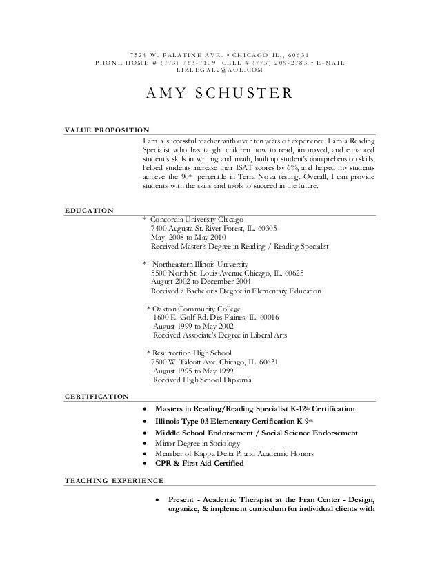 reading specialist resumes