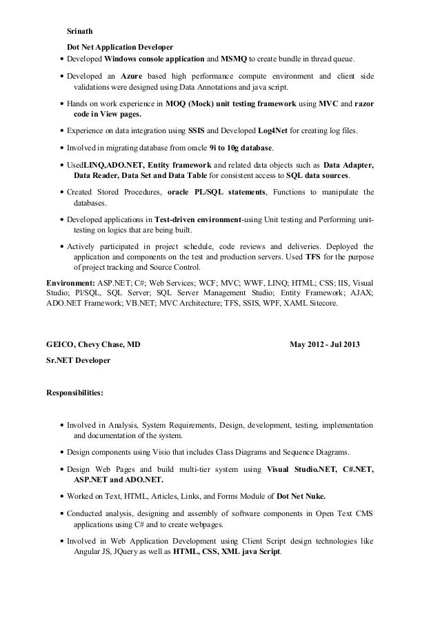 sle resume for dot net developer experience 4 years srinath resume sle resume for dot net developer experience 4 years srinath resume