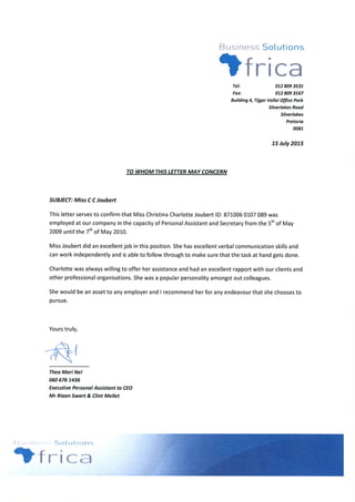 Business Solutions Africa Reference Letter