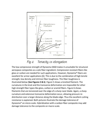 The low compressive strength of Dyneema SK60 makes it unsuitable for structural
aerospace composites as a sole fiber ingredient. Compression resistant fibers like
glass or carbon are needed for such applications. However, Dyneema® fibers are
excellent for armor applications [6]. This is due to the combination of high tensile
strength, low density and intrinsic fiber toughness. This fiber toughness is
illustrated below (See Figures 5 & 6). Figure 5 shows a knotted filament. The
curvatures in the knot and the transverse deformation are impossible for other
high strength fiber types like glass, carbon or aramid fibers. Figure 6 shows
filaments that are tensioned over the edge of a sharp razor blade. Again, a sharp
curvature and extensive transverse deformation occur, allowing pressure re-
distribution over a larger distance along the blade edge. Thus the excellent cutting
resistance is explained. Both pictures illustrate the damage tolerance of
Dyneema® on micro-scale. Hybridization with a carbon fiber composite may add
damage tolerance to the composite on macro scale.
 