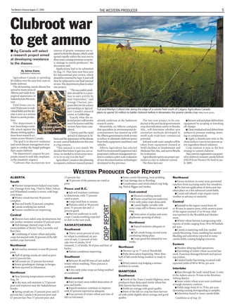 n Ag Canada will select
a research project aimed
at developing resistance
to the disease.
By Adrian Ewins
Saskatoon newsroom
Agriculture Canada is spending
$4 million over the next four years to
battle clubroot.
The devastating canola disease has
spreadtomanyareasof
Albertaandmadeitsin-
augural appearance in
Saskatchewanthissum-
mer.
Yield losses can ex-
ceed50percentinindi-
vidualfieldsandthedis-
ease is seen as a serious
threattocanolaproduc-
tion.
The department is
now launching a scien-
tific attack against the
disease,invitingapplica-
tionsfromresearchsci-
entists across Western Canada.
The goal is to discover resistance
andnoveldiseasemanagementstrat-
egies to combat the fungal pathogen
that causes clubroot.
The department’s request for pro-
posals,issued in mid-July,emphasiz-
es the situation’s urgency.
“Cultivars that incorporate new
sources of genetic resistance are re-
quiredtolimitthedisease,whichcould
spread rapidly within the next two to
threeyears,causingimmenseeconom-
ic damage to canola producers,” the
document said.
Applications had to be submitted
by Aug.15.They have now been sent
for international peer review, which
shouldbereturnedbySept.9,andwill
thenbesubjectedtoonefinalinternal
review.Thedepartmentplanstoselect
one project.
“Thesuccessfulcandi-
dateshouldbeinaposi-
tion to start activity by
mid-September,” said
George Clayton, pro-
gramdirectorforscience
partnershipsatAgricul-
ture Canada’s research
centre in Lethbridge.
Exactly what the se-
lectedprojectwillinvolve
won’tbeknownuntilthe
reviews have been com-
pleted.
Claytonsaidtherapid
spreadof clubrootinAl-
bertaandtheappearanceofthedisease
inwest-centralSaskatchewanthisyear
is a big concern.
“This research is very timely. We
decidedthatbeforeitgetstoo,toose-
rious,weneededtoinvestsomemon-
ey to try to nip it in the bud.”
AgricultureCanadaisalsoplanning
toexpandaclubrootresearchproject
The Western Producer August 27, 2009 The Western Producer 5
already underway at the Saskatoon
research centre.
Meanwhile, an Alberta company
that specializes in environmental de-
contamination has teamed up with
theAlbertagovernmenttolookatways
toreduceoreliminateclubrootspores
fromtools,equipment,machineryand
vehicles.
Alberta Agriculture has selected
SwiftEnvironmentalEquipmentLtd.’s
proprietaryclubrootmanagementsys-
temtoconductapilot-scaleevaluation
of newdecontaminationtechnologies
developed in the province.
The two-year project, to be con-
ductedattheprovincialgovernments
cropdiversificationcentreinBrooks,
Alta., will determine whether new
sanitation methods developed in
small-scale trials have commercial
potential.
Soilandwashwatersampleswillbe
taken from equipment cleaned at
Swift’s facilities in Lloydminster and
MedicineHat,Alta.,andsenttoBrooks
for evaluation.
Agriculturalexpertssaypropersan-
itation is a key to clubroot control.
The three keys are:
n Removesoilandplantdebrisfrom
equipment by scraping or knocking
off clumps.
n Cleanresidualsoilanddebrisfrom
surfaces by pressure washing, steam-
ing or compressed air.
n Apply a disinfectant mist to the
cleansurfaces(onetotwopercentac-
tive ingredient bleach solution).
Crop rotation is seen as the best
strategy to control clubroot.
Also,interimregistrationwasgrant-
edtoclubrootresistantcanolahybrid
45H29 from Pioneer Hi-bred in ear-
ly 2009.
Clubroot war
to get ammo
Alberta
South
n Warmer temperatures helped crop matu-
rity.Damage from Aug.3 hail in Taber,Vulcan
and Wheatland counties is severe,with large
crop losses.
n Winter cereals harvest 30 percent
complete.
n Peas and lentils 20 percent complete.
n Canola swathing has started.
n Pasture conditions are improving.
Central
n Showers have aided crop development,but
sub-surface moisture remains 45 percent poor.
n Hail damage claimed crops in the
municipalities of RockyView,Lacombe and
Red Deer.
n Combining of winter wheat and pulse
crops has started with 20 percent of the fall-
seeded crops harvested.
Northwest
n Sub-surface moisture is near 80 percent
poor.
n Half of spring cereals are rated as poor
and 42 percent fair.
n Fall cereals are 25 percent harvested.
n Severe grasshopper damage in forages
n Frost reported in Edmonton.
Northeast
n Near freezing temperatures overnight
Aug.24.
n In the west,soil moisture is 75 percent
poor and improves near the Saskatchewan
border.
n Spring cereals are 35 percent poor and 52
percent fair.Canola is 46 percent poor and
47 percent fair.Peas 37 percent poor and
53 percent fair.
n 70 percent of the pastures are rated as
poor.
Peace and B.C.
n Sub soil moisture continues
to deteriorate,with 77 percent
rated as poor.
n Crops need heat to mature.
n Pastures rated as 58 percent
poor,31 percent fair and 11
percent good.
n Harvest underway in early
crops.Canola swathing expected
to start in the next week.
Saskatchewan
Southwest
n Thirty-seven percent of win-
ter wheat is combined,six per-
cent of oats,12 percent of triti-
cale,two of canola,10 of
mustard,12 of lentils,30 of peas and four of
barley.
n Pasture conditions improving.
Southeast
n Between 40 and 80 mm of rain stalled
winter wheat swathing.Three percent is
combined.
n A few early pulse crops are being swathed
or combined.
West-central
n Rain in many areas stalled desiccation of
peas and lentils.
n Topsoil moisture continues to improve
with 83 percent reported as adequate.
n Four percent of winter wheat and nine of
fall rye harvested.
n Some canola blooming,most podding.
n Crop damage due to flooding.
n Grasshoppers and wind related crop lodg-
ing.Hail at Biggar and Smiley.
East-central
n Mustard swathing started.
n Winter cereal harvest underway.
A few early pulse crops desiccated.
n Canola highly variable with
some crops still in flower,most pod-
ding.
n Desiccation of pulses and some
glyphosate spraying of wheat.
Northwest
n Topsoil moisture adequate or
better.
n Fall cereals being cut and some
combining taking place.
n Crops good but delayed by two
weeks.
Northeast
n Showers up to 77 mm at Humboldt.
n Pulse desiccation beginning.More than
half of fall cereals being swathed or ready to
cut.
n Wind related crop lodging a serious
problem in cereals.
Manitoba
Southwest
n North of the Trans-Canada Highway,most
producers have desiccated winter wheat but
little harvest has been done.
n Yields are average with good quality.
n Most of the fall rye crop has been harvest-
ed with yields slightly above average and good
quality.
Northwest
n Excess moisture in some areas prevented
ranchers from accessing native hay meadows.
n Pre-harvest application of desiccants has
taken place on a few advanced cereal fields.
n Cereal and oilseed crops require warm
weather to advance to maturity.
Central
n Rainfall in the region varied from 40
to 90 mm in eastern areas,while western parts
of the region received 15 to 50 mm.Hail
was reported in the Brunkild and Morden
areas.
n Winter wheat harvest is progressing with
reports of yields ranging from 30 to 90 bushels
per acre.
n Canola is maturing with late-seeded
canola blooming.Some swathing has started.
Blackleg and sclerotinia reported in some
canola fields,causing lodging concerns.
Eastern
n Weather delaying field operations.
n Harvesting of winter wheat occurred last
week.Fusarium damaged kernels and sprout-
ing evident.
n Limited barley harvesting occurred with
reported yields of 80 to 90 bu.per acre.
Interlake
n Rain through the week varied from 12 mm
in the Ashern area to 70 mm in the Riverton-
Arborg district.
n Some winter wheat acres were combined
at tough moisture contents.
n Yields range from 65 to 70 bu.per acre.
Sprouting causing downgrading in samples.
n Sclerotinia found in many canola fields.
Conditions as of Aug. 24.
Western Producer Crop Report
cropreportTod and Marilyn Collard ride along the edge of a canola field south of Calgary. Agriculture Canada
plans to spend $4 million to battle clubroot before it devastates the prairie canola crop. (Mike Stuck photo)
Clubroot
disease causes
plants to wilt.
 